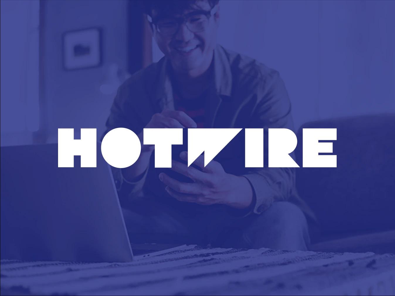 man scrolling on a smartphone overlayed with the Hotwire logo